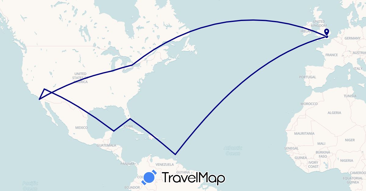 TravelMap itinerary: driving in Canada, United Kingdom, Grenada, Mexico, United States (Europe, North America)